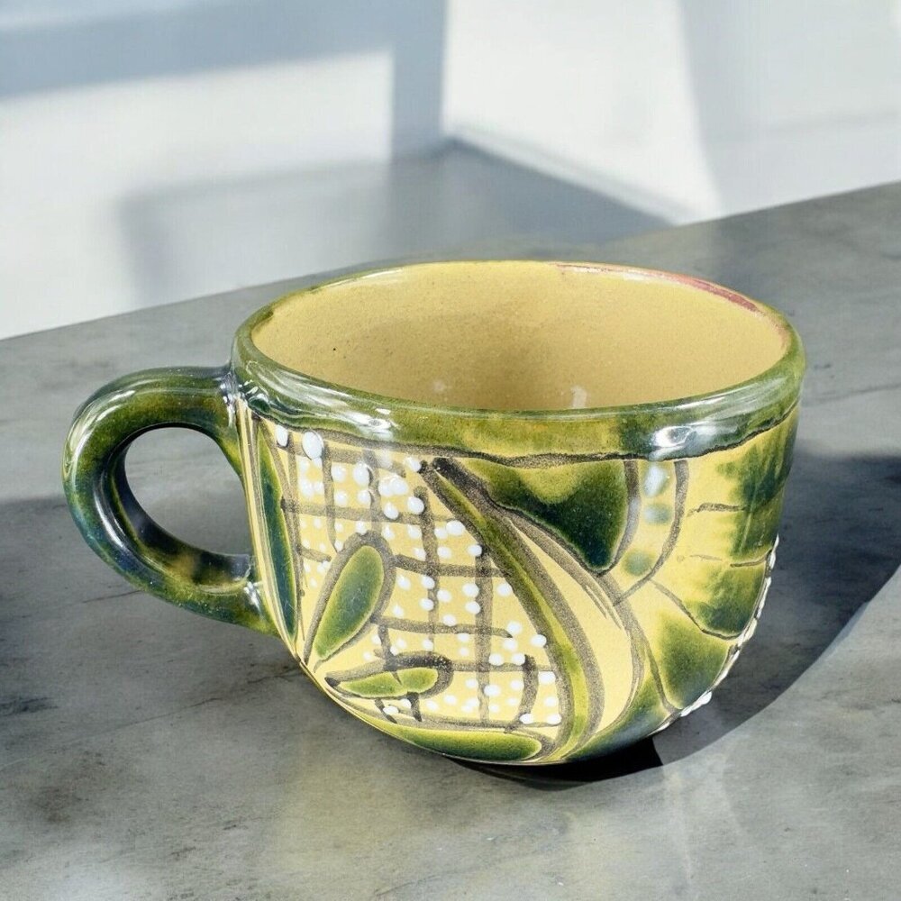 Vintage Mexico Pottery Talavera Large Oversize Coffee Mug Cup Green Glazed VTG